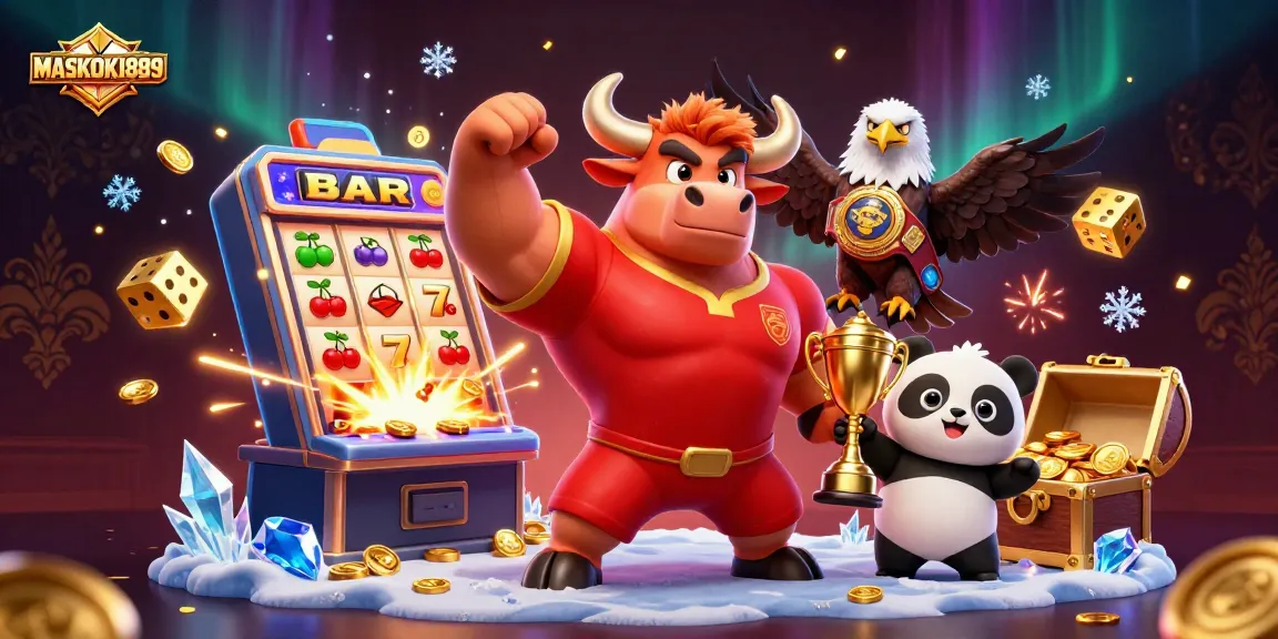 Engage with thrilling slots at MASKOKI889 as a bull celebrates victory with games and jackpots.