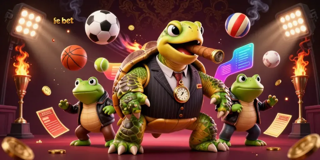 Experience exhilarating gaming with fe bet as a massive snapping turtle mobster leads a vibrant casino scene.