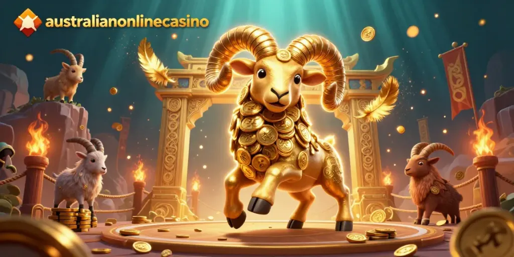 Experience thrilling wins at australianonlinecasino with a bold golden ram charging through a vibrant gaming scene.