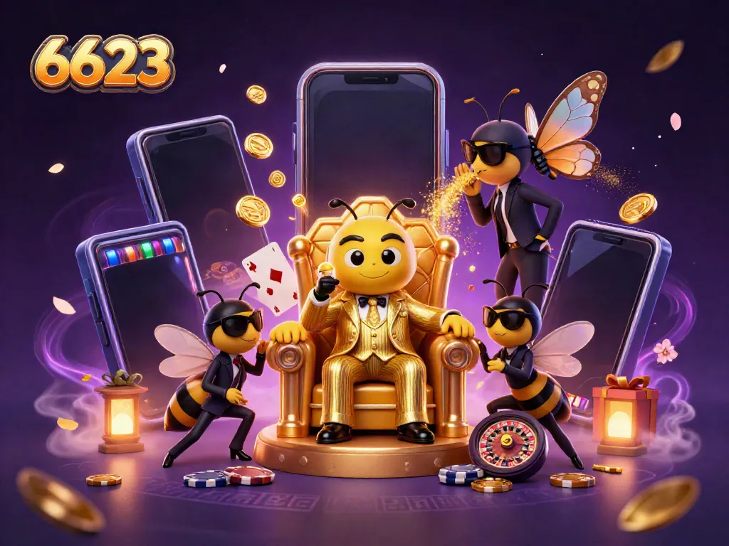 Experience thrilling gaming at 6623 with vibrant slot games and casino elements.