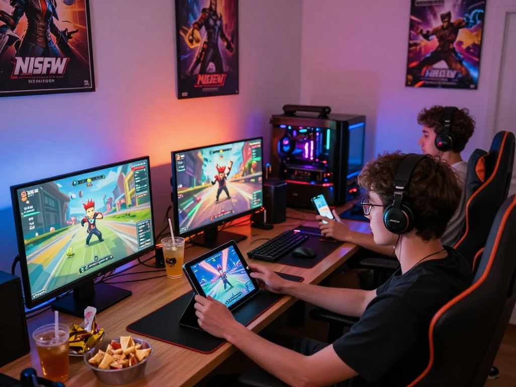 Engaged players enjoying lewdspot adult games on multiple devices in a vibrant gaming room.
