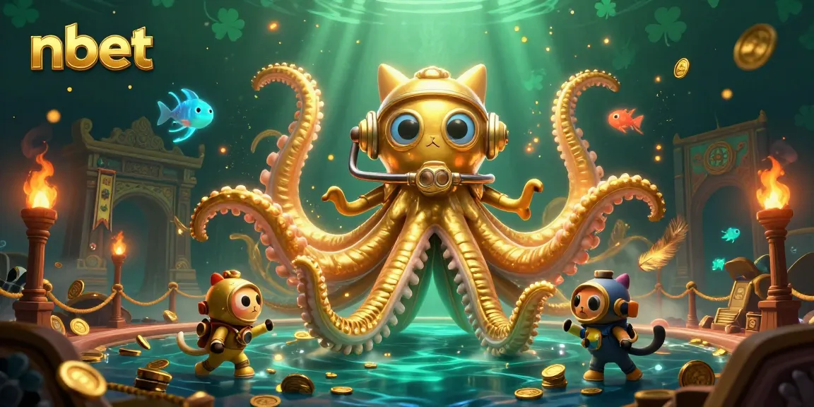 Engage with nbet's thrilling casino scene featuring a kraken, diving cat, and vibrant underwater elements.