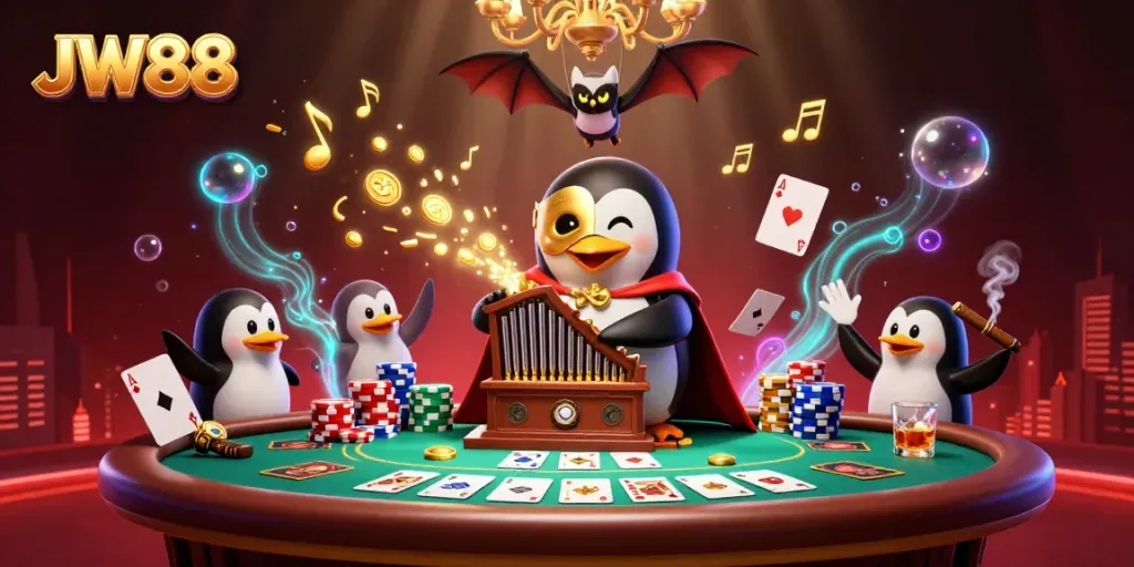 Experience fantastic gaming at JW88 with vibrant casino elements, golden coins, and a whimsical atmosphere.