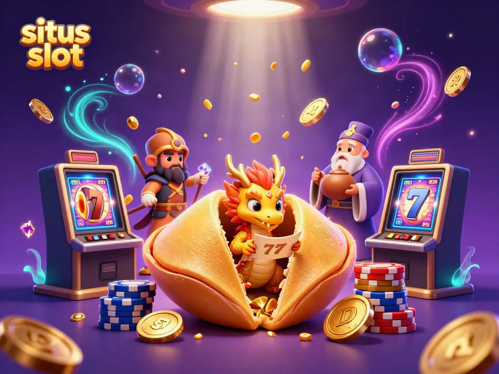 Situs slot scene showcasing a golden fortune cookie, a wise dragon, and dynamic casino elements.