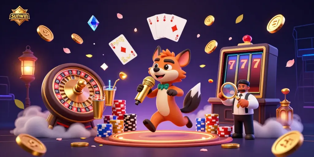 Experience sunwin's vibrant casino atmosphere with hyena entertainers amid golden coins and colorful chips.