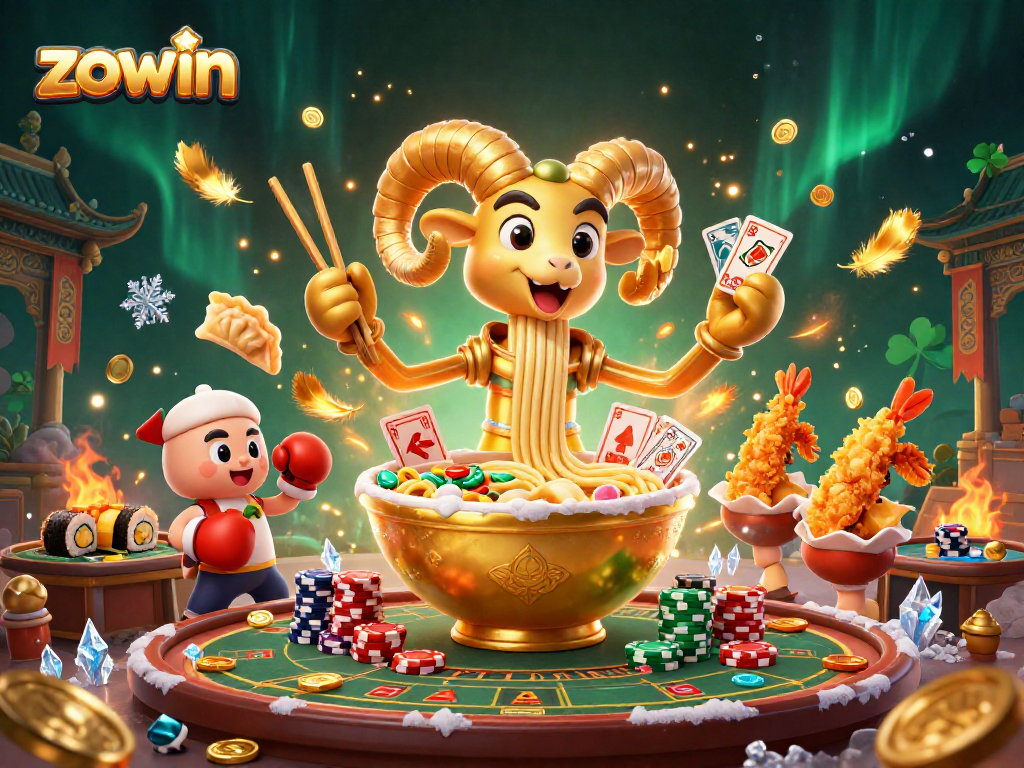 Zowin offers exciting live casino games featuring giant golden noodle dealing cards and chips.