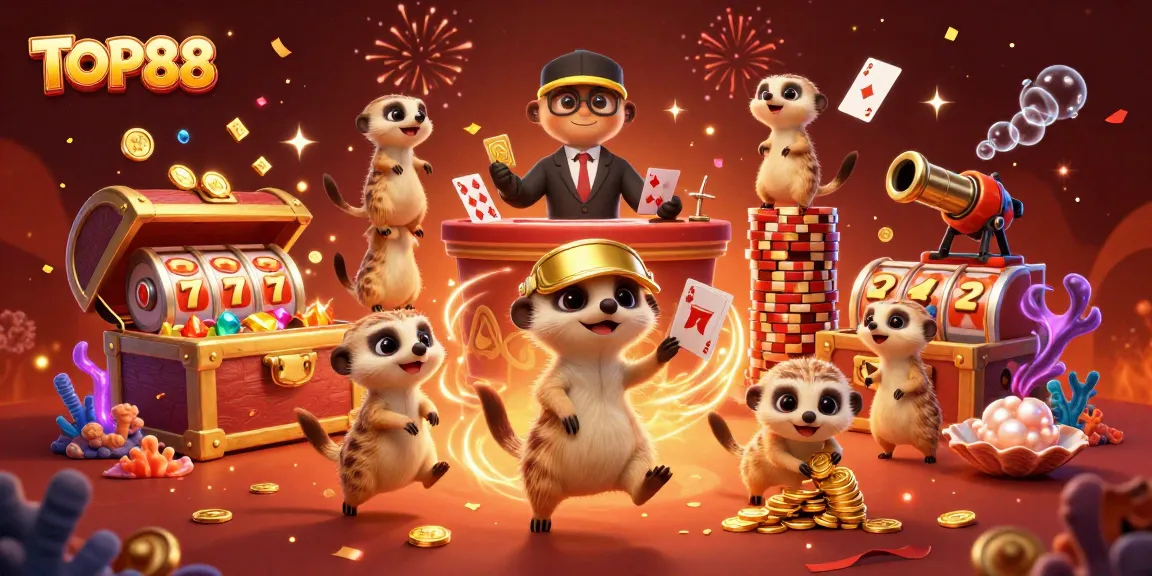 Join the excitement at TOP88 with meerkats leading a vibrant casino adventure, featuring slots galore.