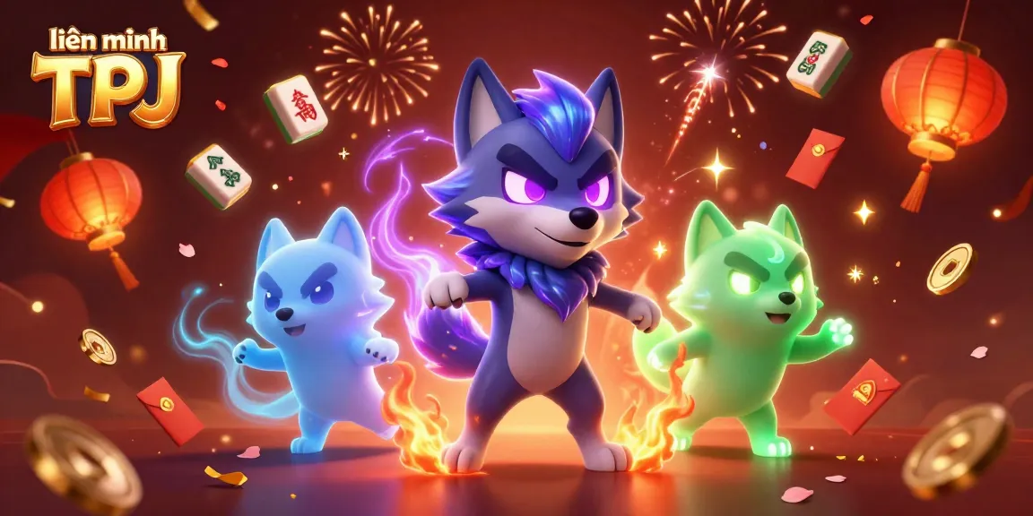Experience the celebration with liên minh TPJ, featuring animated wolves and vibrant game elements.