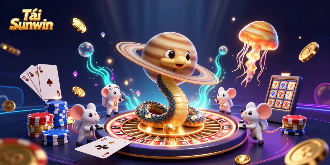 Tải Sunwin and win with vibrant 3D visuals of planetary gambling scene featuring roulette and cosmic elements.