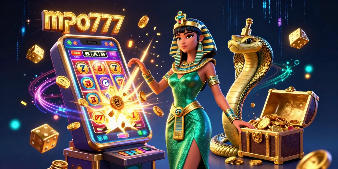 Bet on mpo777 with exhilarating casino excitement, featuring a woman in emerald gown and golden cobra in dynamic scene.