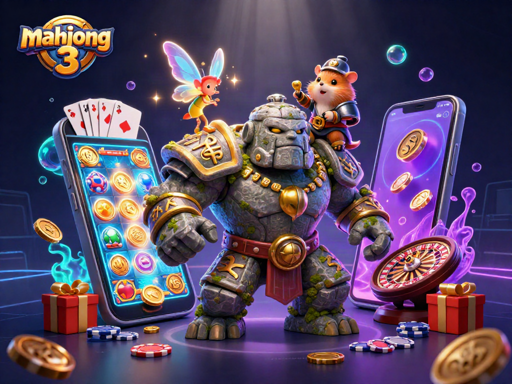 Engage in mahjong 3 with vibrant characters and dynamic casino elements in this magical illustration.