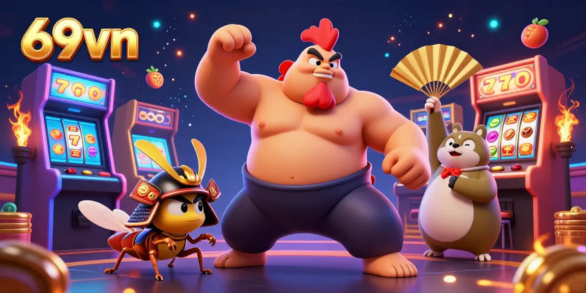 Experience thrilling slots at 69vn with an energetic and colorful casino illustration.