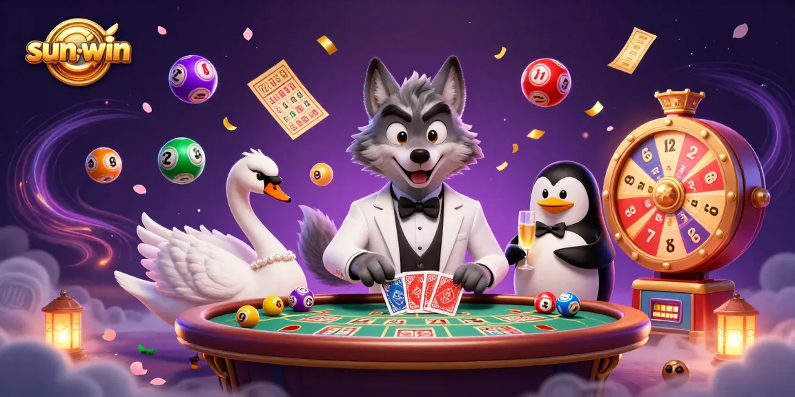 Experience sun-win at an engaging baccarat table with vibrant game elements and lively characters.