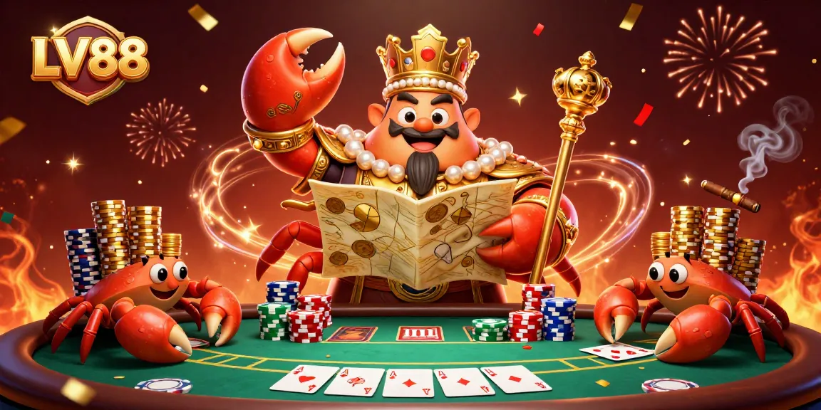 Engage with LV88's exciting poker scene featuring a golden crab emperor amidst vibrant casino action.