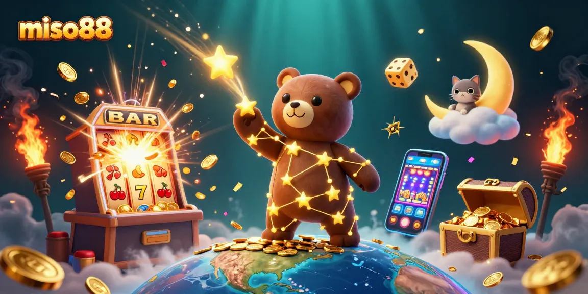 Experience the excitement of miso88 with a cosmic illustration of a starry theme and dynamic casino elements.