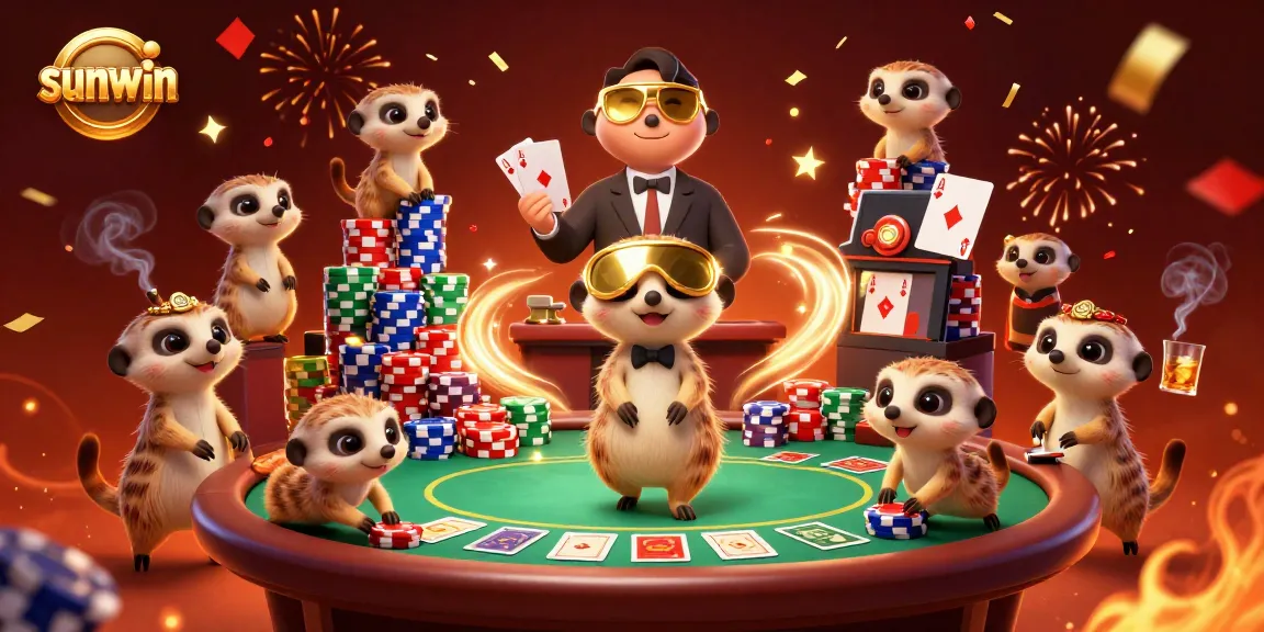 Win at sunwin with lively meerkats managing a colorful casino operation full of poker excitement.