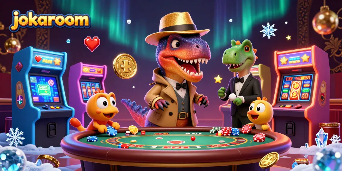 Experience the thrill of jokaroom with a velociraptor card counter and dinosaur characters at a casino-table scene.