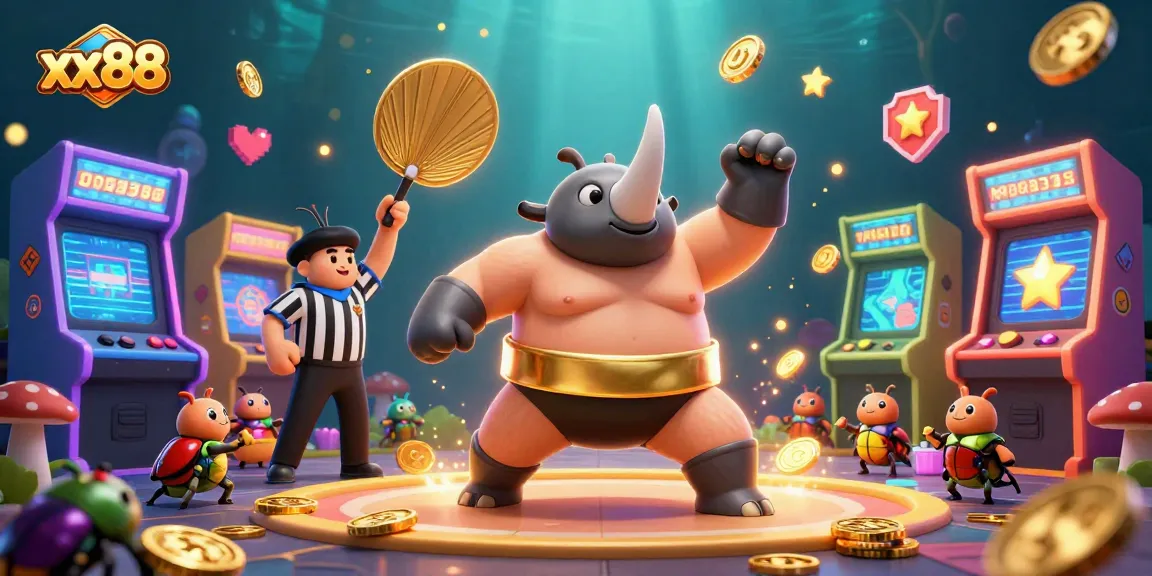 Win big with xx88's vibrant casino gaming scene, featuring a sumo champion beetle celebrating victories.