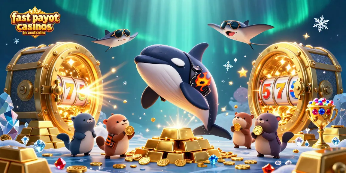 Experience fast payout casinos in Australia with vibrant characters and casino-themed elements.