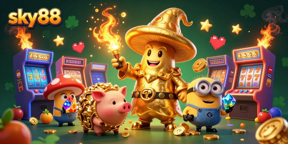 Engage with thrilling games at sky88, where emerald visuals and golden treasures await in a captivating casino illustration.