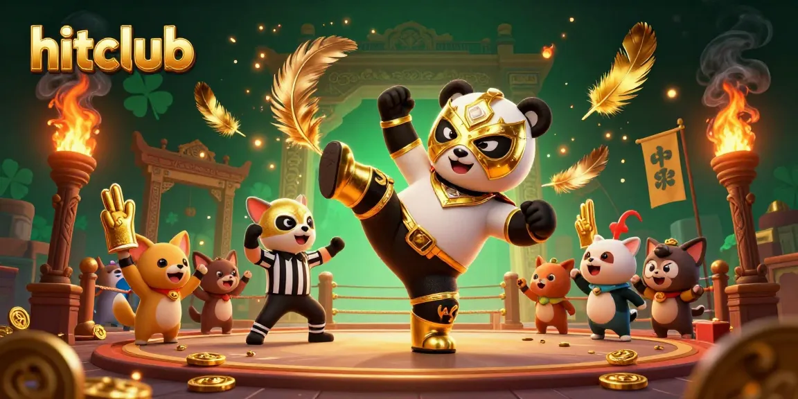 Experience the excitement of hitclub as a panda wrestler kicks through a vibrant casino arena full of gold coins and cheering animal fans.
