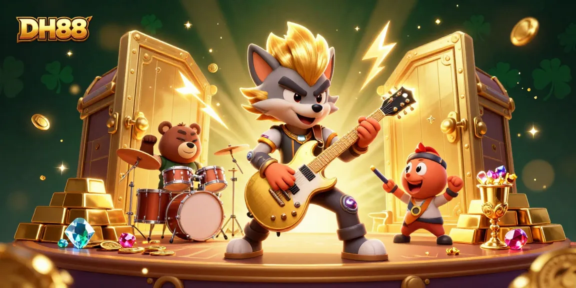 Spin jackpots at DH88, with a dynamic rock star wolf and treasure bursting from the vault.