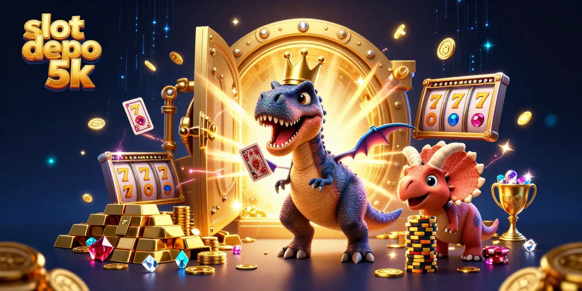 Experience the thrill of slot depo 5k with a colorful T-Rex and casino elements.