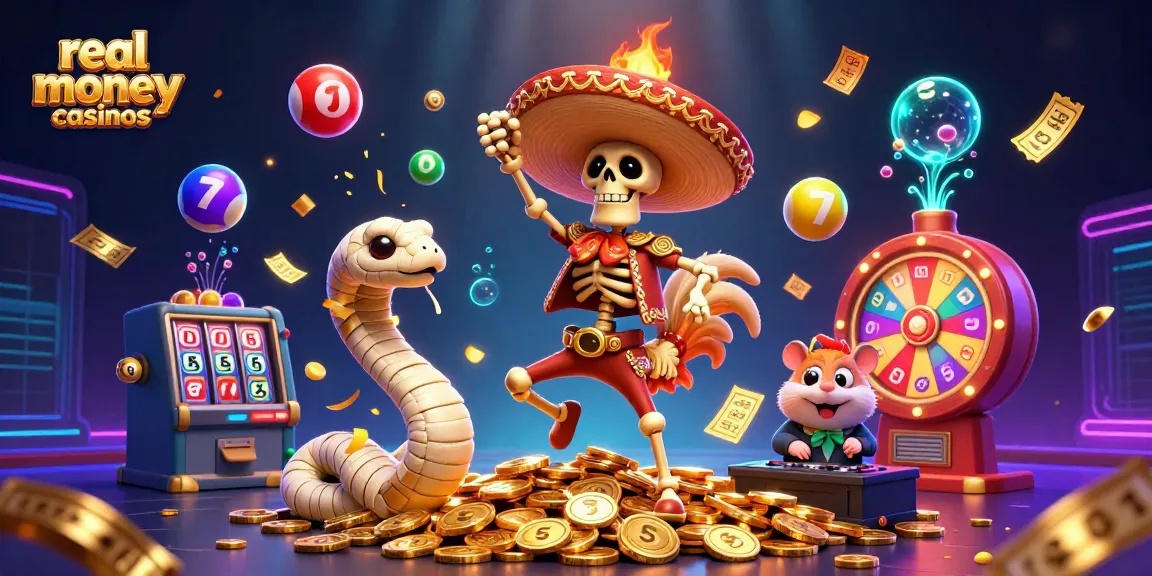 Celebrate at real money casinos with colorful characters amidst slot reels and vibrant game elements.