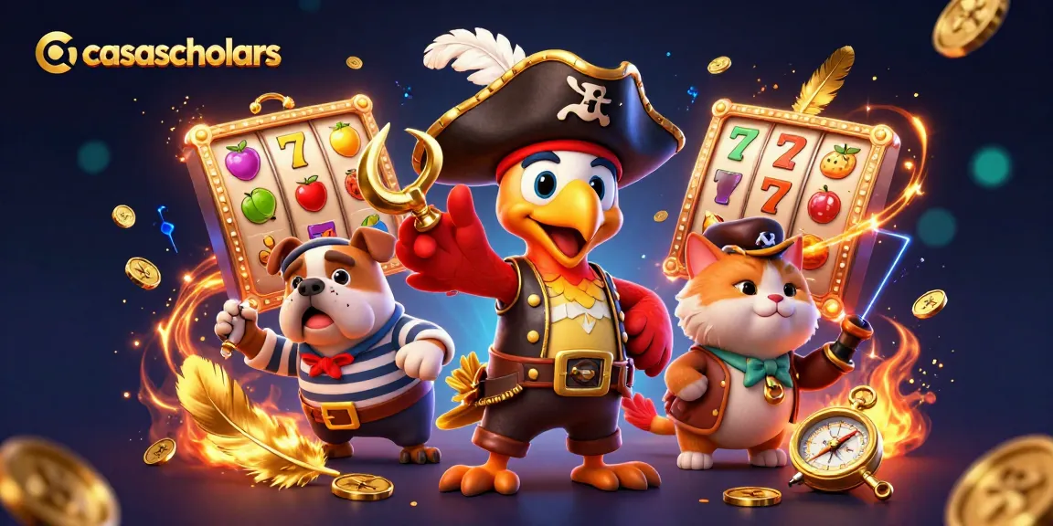 Engage with casascholars in an exciting 3D pirate-themed casino illustration featuring dynamic slot elements.