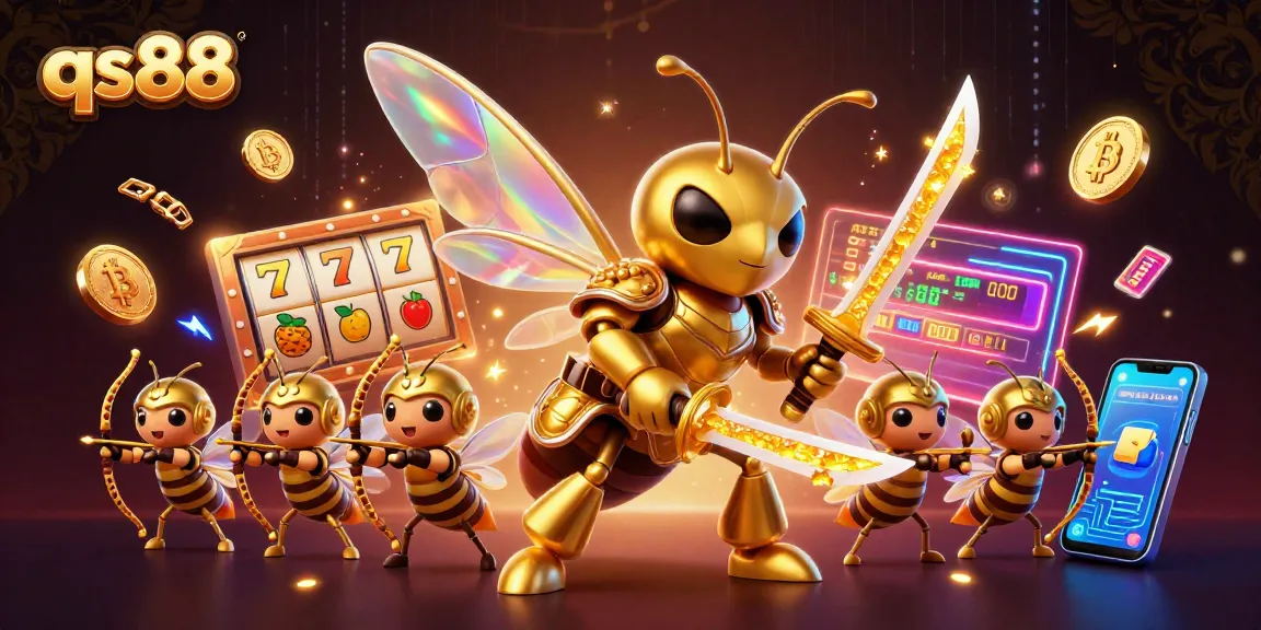 Bet and win at qs88 with a dynamic illustration featuring samurai hornets and vibrant slot elements.