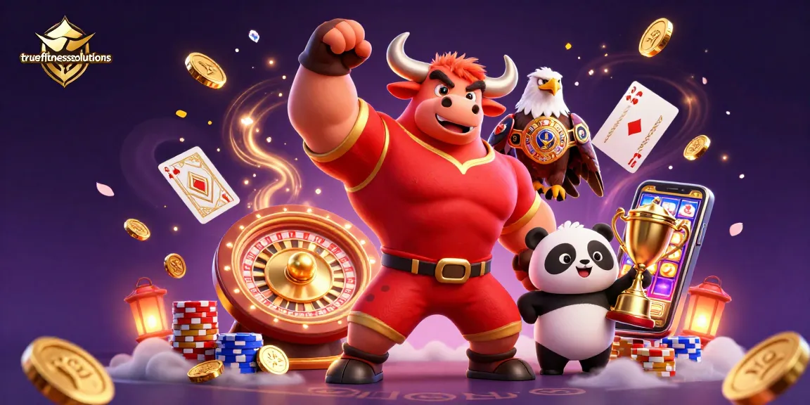 truefitnesssolutions showcases a muscular bull mascot surrounded by casino elements celebrating big wins.