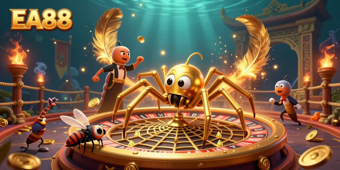 Experience thrilling betting moments at EA88 with a golden spider and centipede in a dynamic roulette web scene.