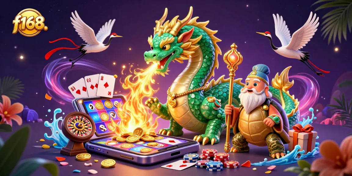 Experience excitement with f168. as a majestic dragon and lucky symbols create a vibrant casino fantasy.