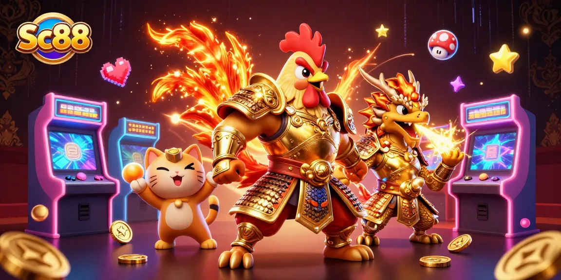 Engage in exhilarating gaming with Sc88, featuring a dynamic 3D scene of a rooster warrior and dragon hatchling amidst vibrant casino elements.