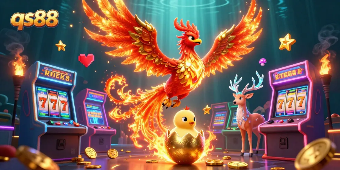 Experience thrilling gaming at qs88 with a phoenix and a stag in a vibrant 3D casino.